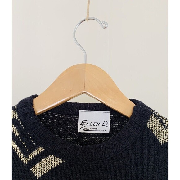 Vintage 90s Retro Ellen D Black & Gold Metallic Thread Geometric Sweater S/M - Picture 3 of 5